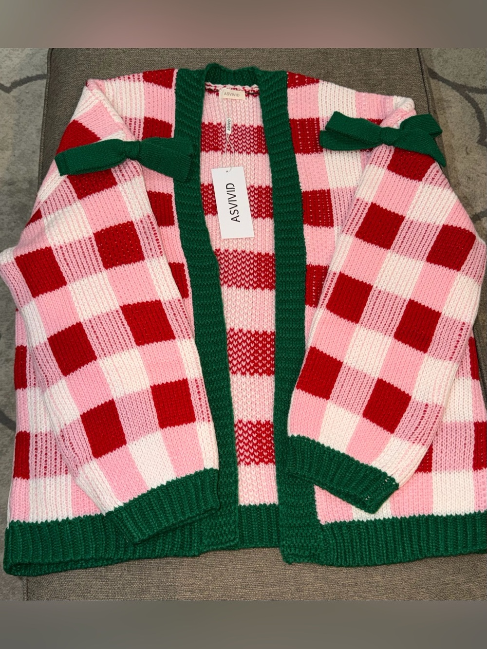 Women's Christmas Checkered Cardigan in Pink, Red & Green